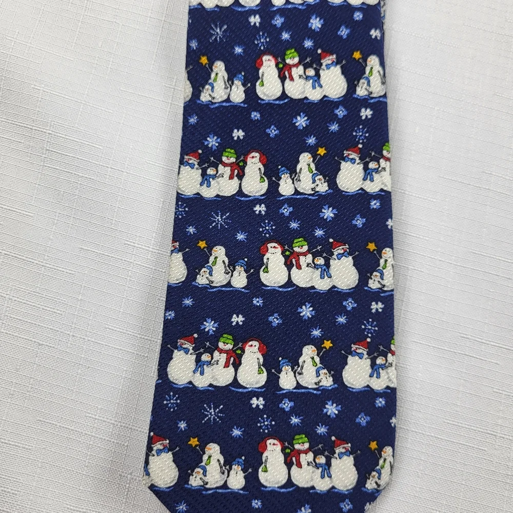 Talbots Kids Snowman NECKTIE TIE Boys Silk Blue White Christmas Holiday Winter